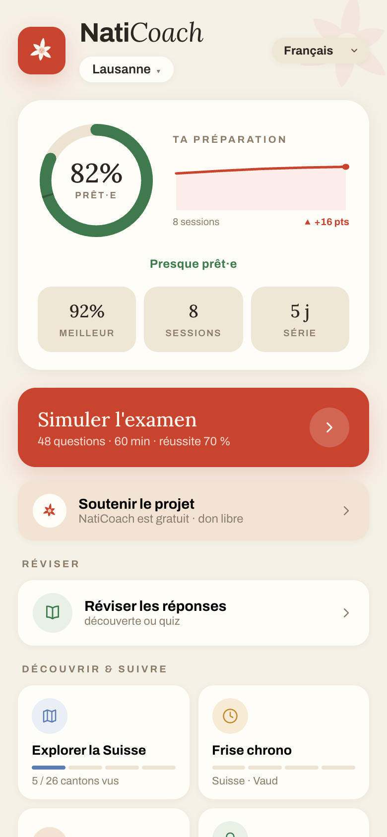 Écran d’accueil de NatiCoach avec la jauge de préparation