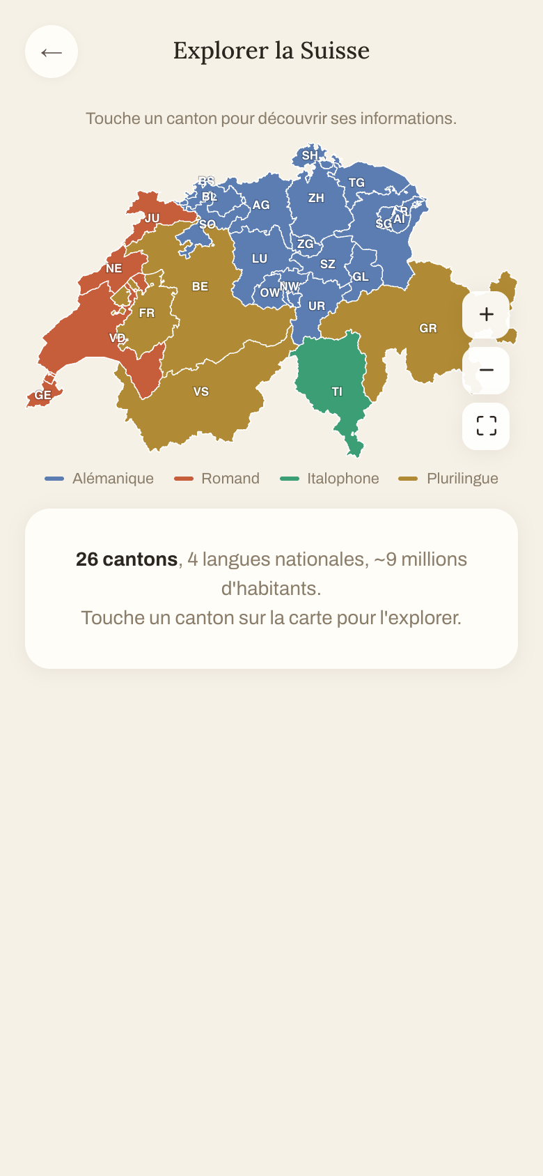 Carte interactive des cantons suisses dans l’app